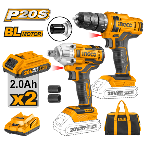 INGCO Li-ion Akülü 2 li Kombo Set - Matkap ve Somun sıkma  20V 2.0 Ah