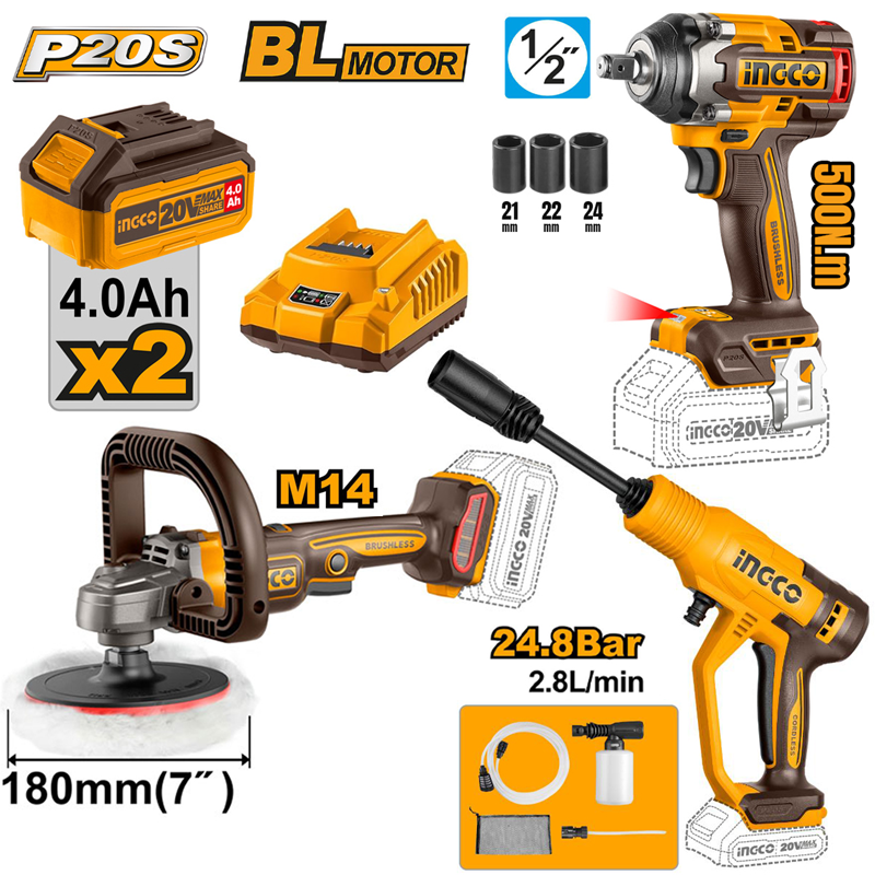 ING-COSLI250184E Li-ion Kömürsüz Akülü 3 li Kombo Set - Polisaj, Somun sıkma ve Araç Yıkama 20V 4.0 Ah