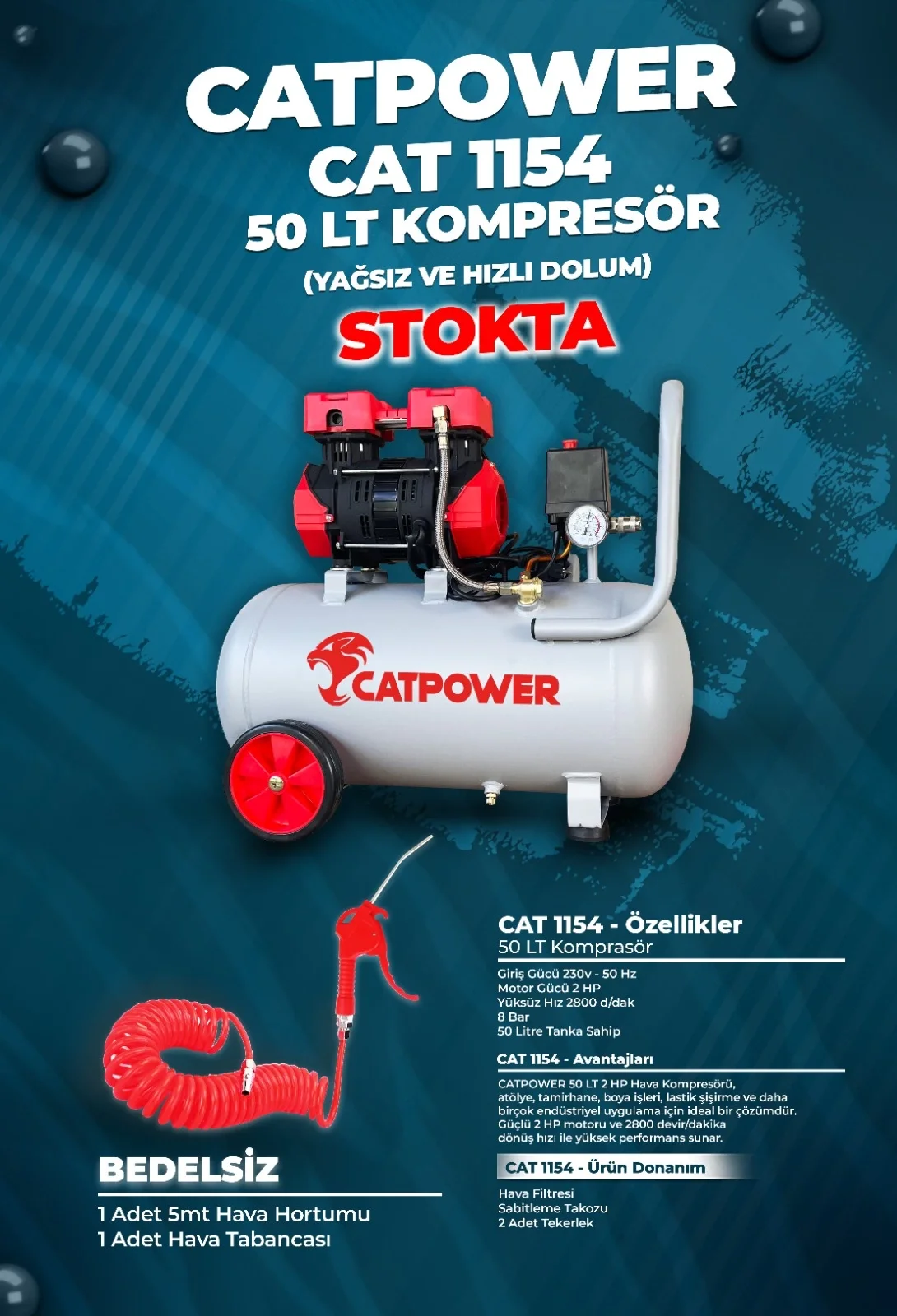 CATPOWER 1154 SESSİZ VE YAĞSIZ KOMPRESÖR 2HP 50LT + ( HEDİYE HAVA TABANCASI VE HAVA HORTUM )