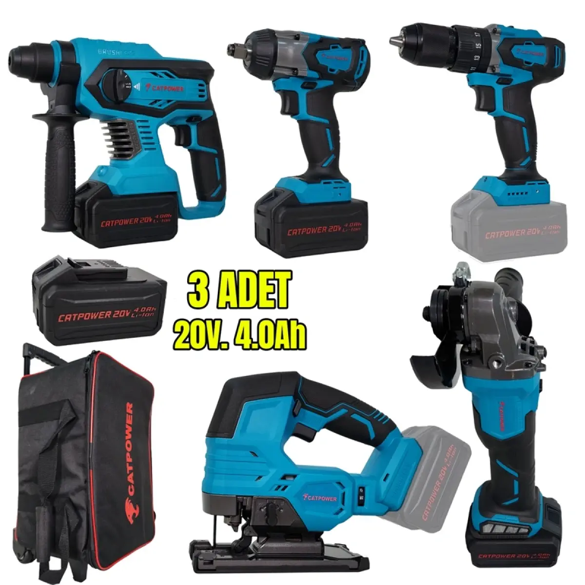 CATPOWER 4150 KÖMÜRSÜZ AKÜLÜ SET: DARBELİ VİDALAMA / KIRICI-DELİCİ / AVUÇ TAŞLAMA / SOMUN SIKMA / DEKUPAJ 20V 4.0aH Lİ-İON